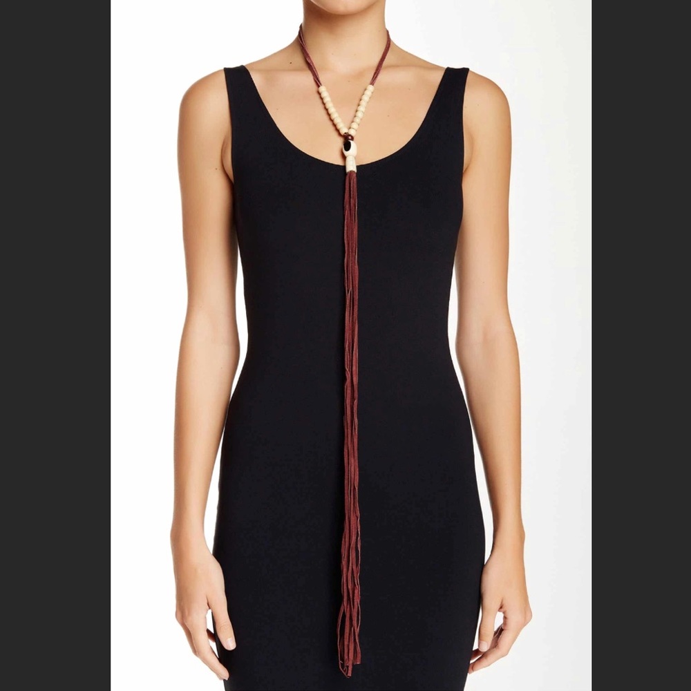 Maroon Suede Leather Beaded Tassel Necklace